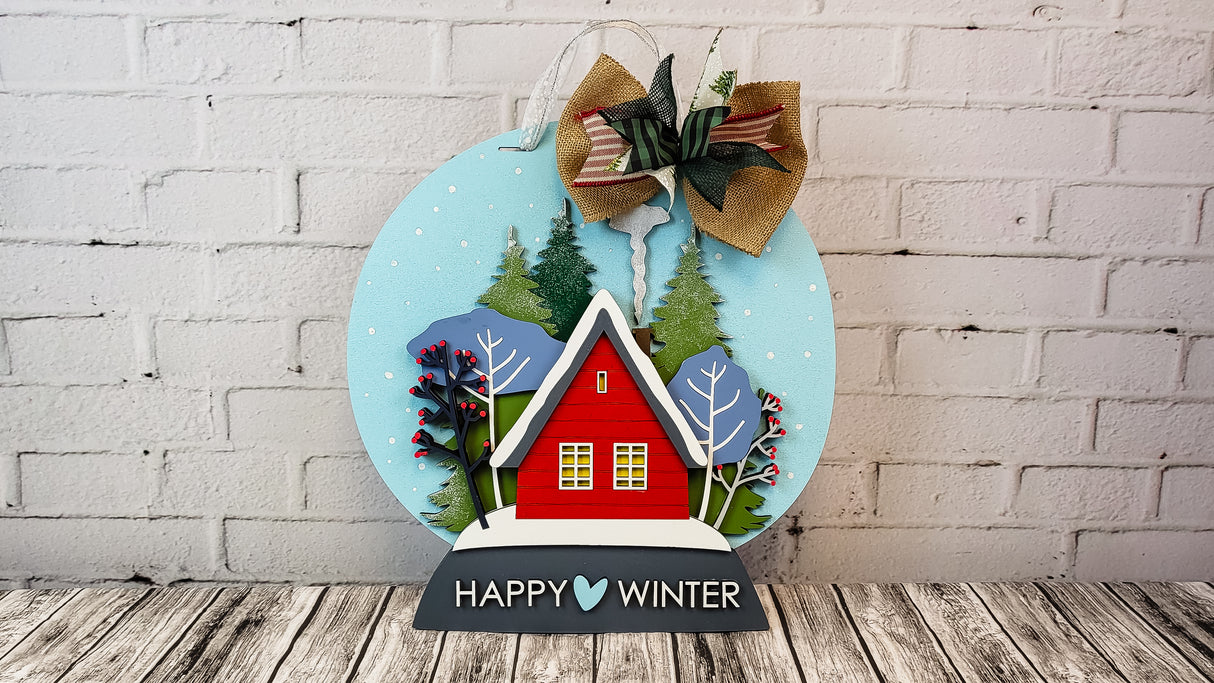 3D Snow Globe Happy Winter House Door Hanger Sign