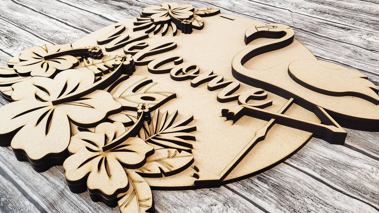 Welcome Tropical Palms and Flamingo Door Hanger - Lvl 2