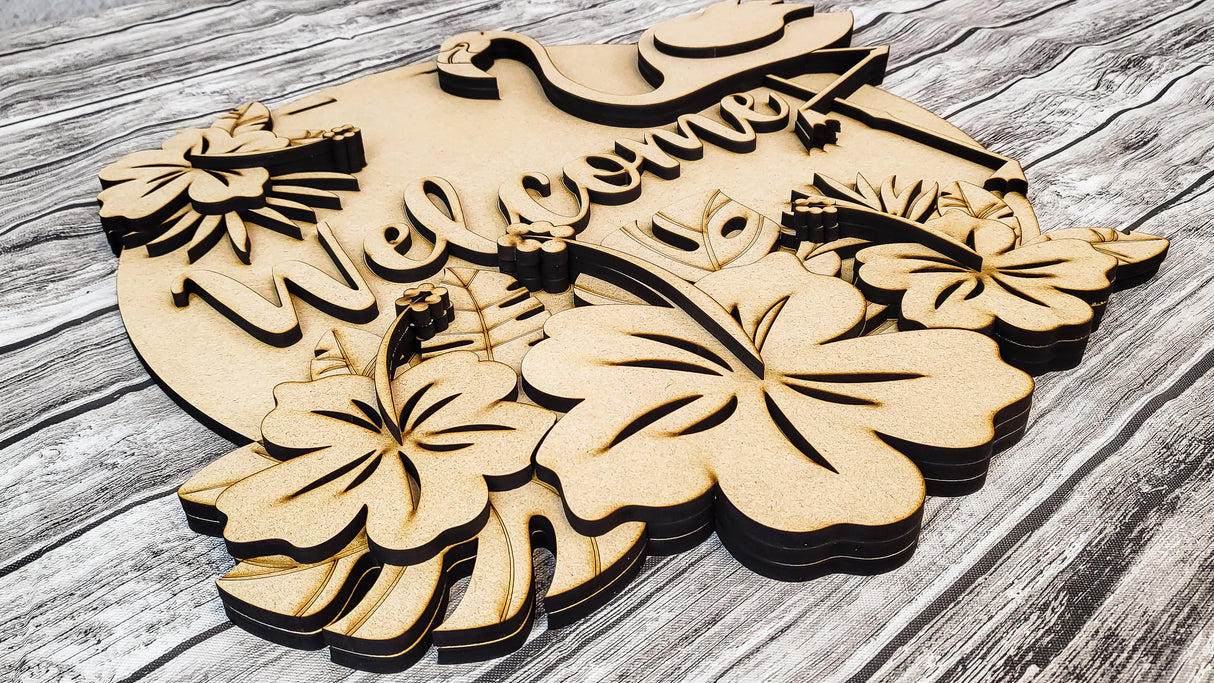 Welcome Tropical Palms and Flamingo Door Hanger - Lvl 2