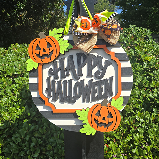 Happy Halloween with Pumpkin Stripes Door Hanger - Finished