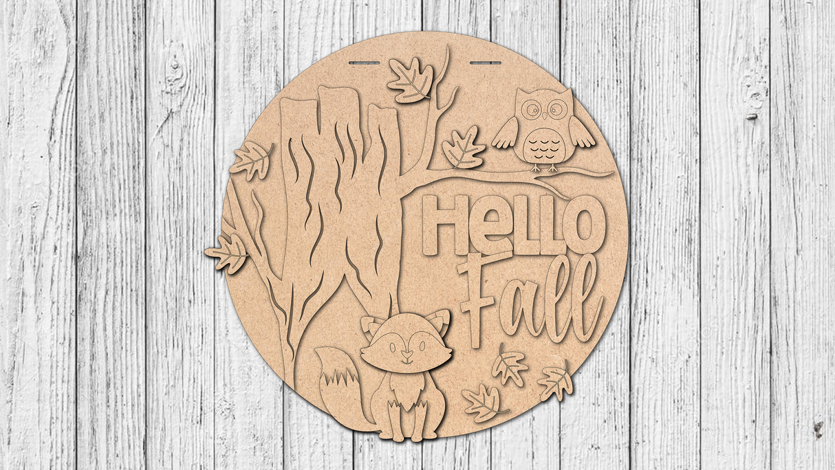 Hello Fall Fox and Owl Door Hanger - DIY Unfinished Kit - Lvl 2