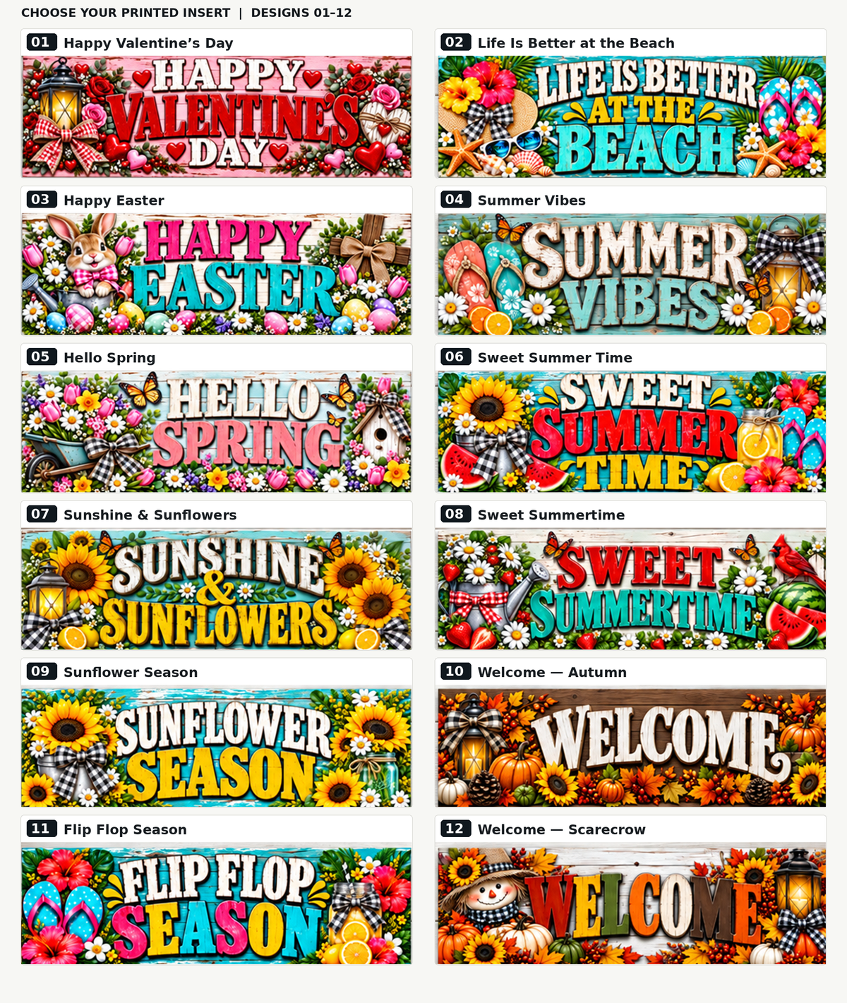 Numbered printed insert design choices 01–12
