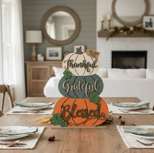 Thankful Grateful Blessed Stacked Pumpkins 12inch Table Stander - DIY Unfinished Kit - Lvl 2