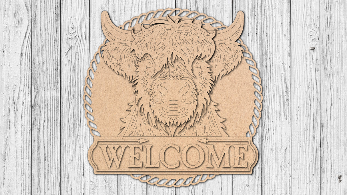 Welcome Highland Cow Happy Door Hanger - DIY Unfinished Kit - Lvl 3