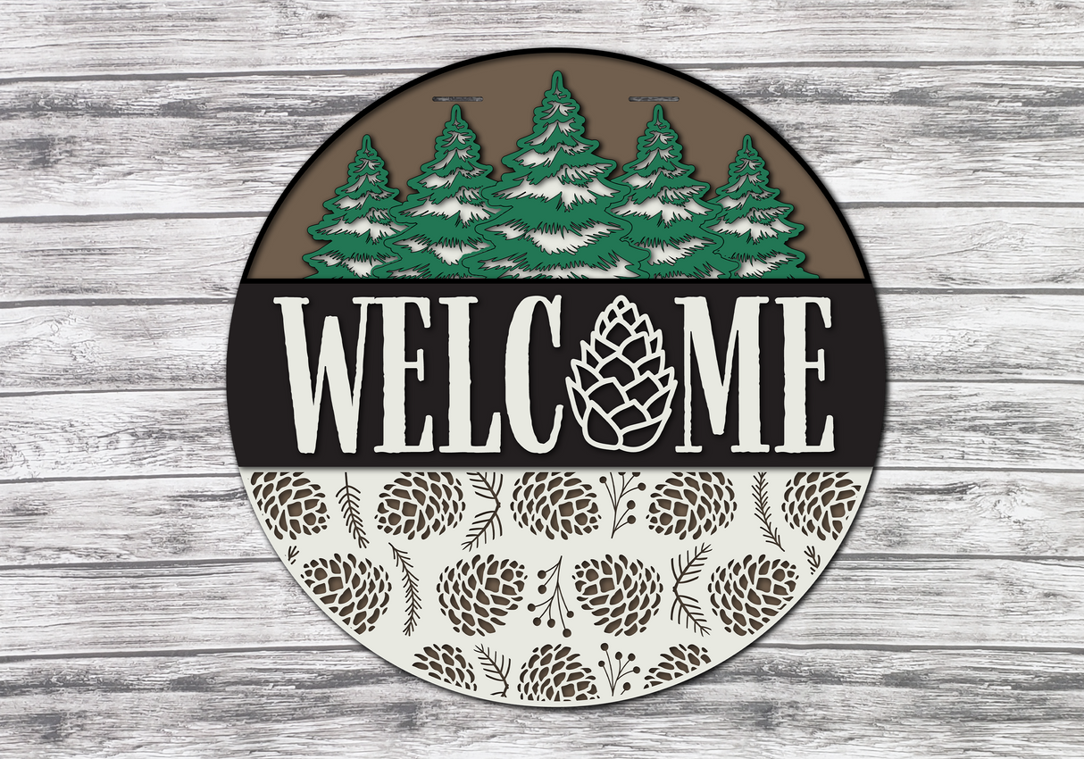 Welcome Snow Pine Trees and Pinecones Door Hanger - DIY Unfinished Kit - Lvl 2