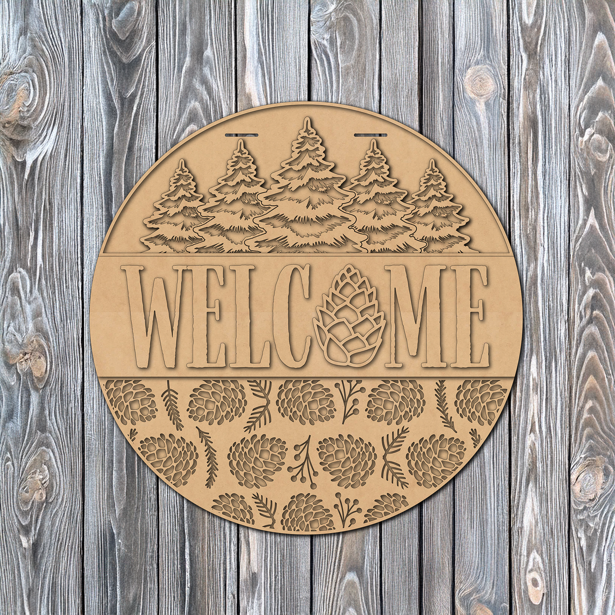 Welcome Snow Pine Trees and Pinecones Door Hanger - DIY Unfinished Kit - Lvl 2