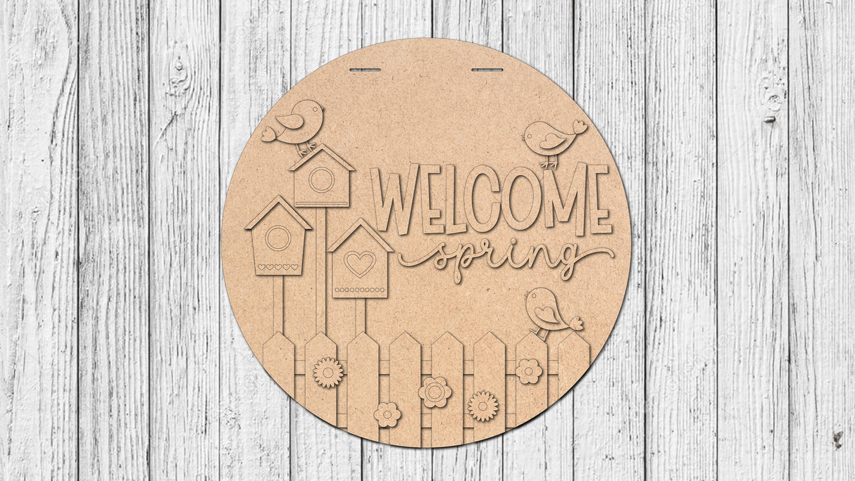 Welcome Spring Birdhouses Door Hanger - DIY Unfinished Kit - Lvl 2