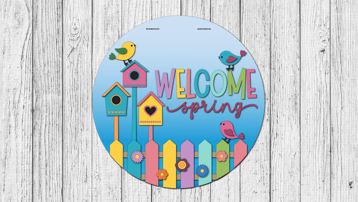 Welcome Spring Birdhouses Door Hanger - Finished