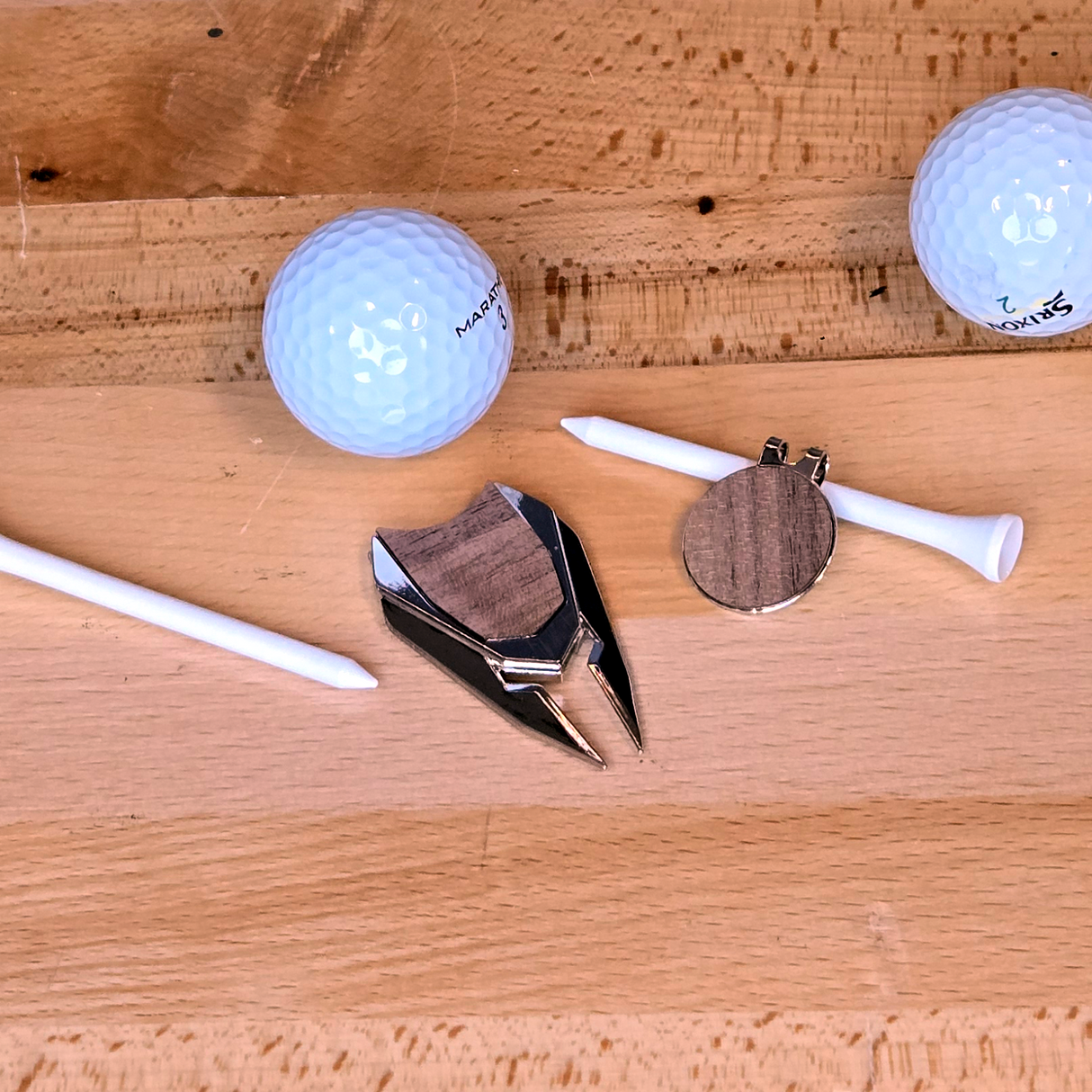 Laserable Wood Ball Marker Divot Tool & Hat Clip Set