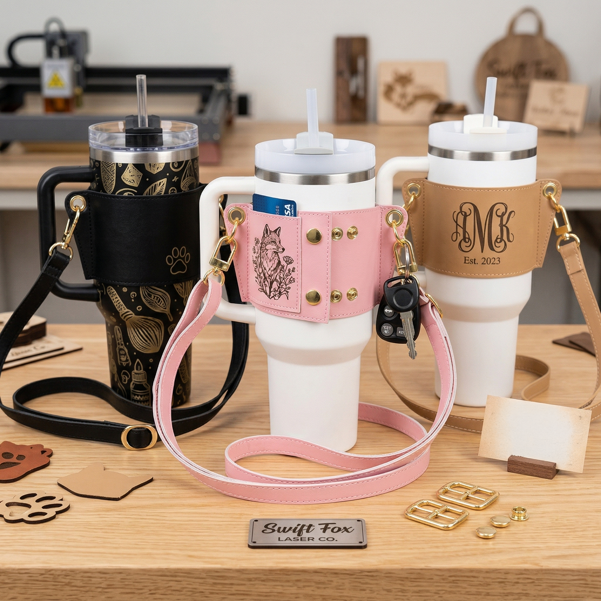 Laserable Leatherette Water Bottle Carrier Bag Tumbler Holder With Adjustable Handle