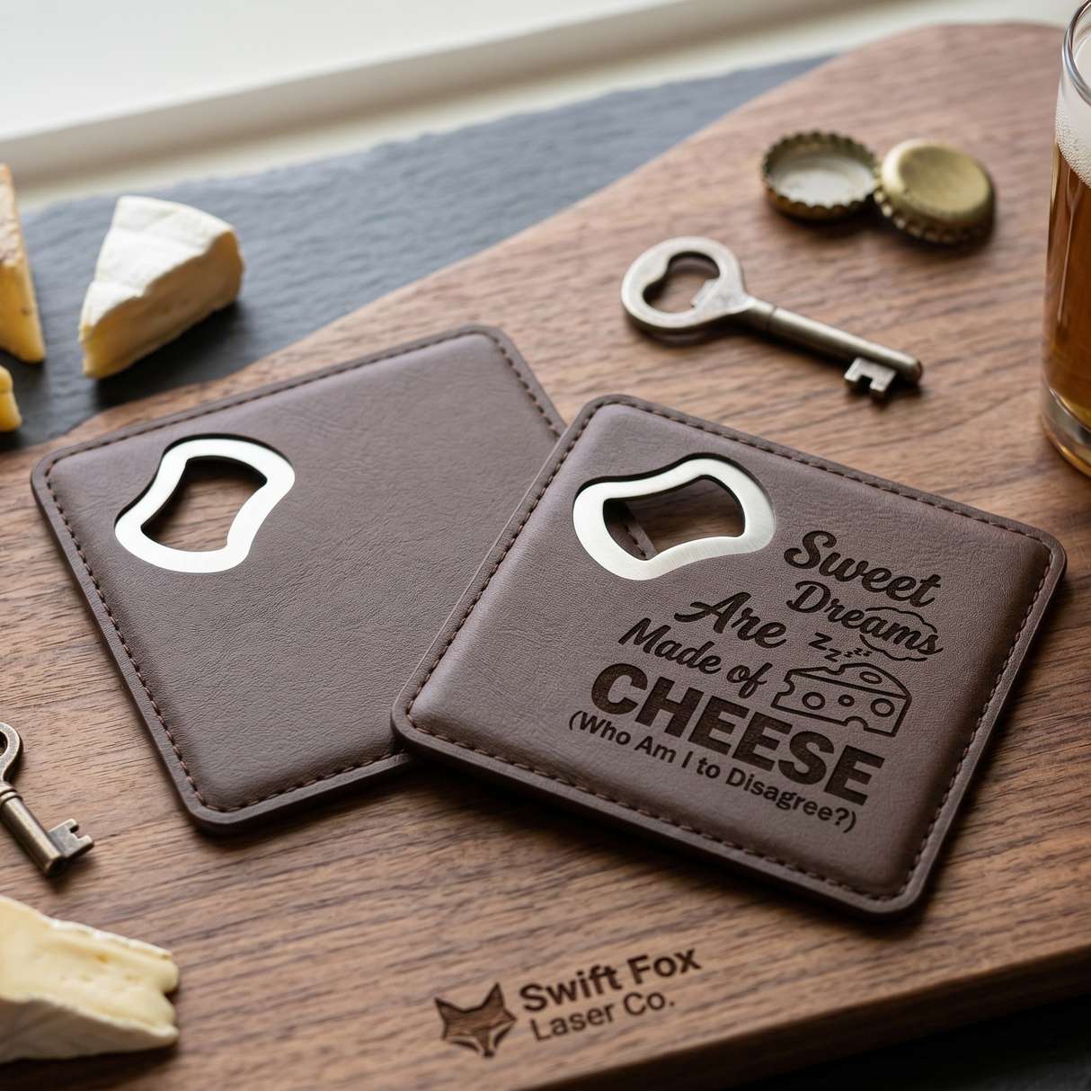 4" Square Laser Engravable Leatherette Wrapped Stainless Steel Coaster Bottle Opener