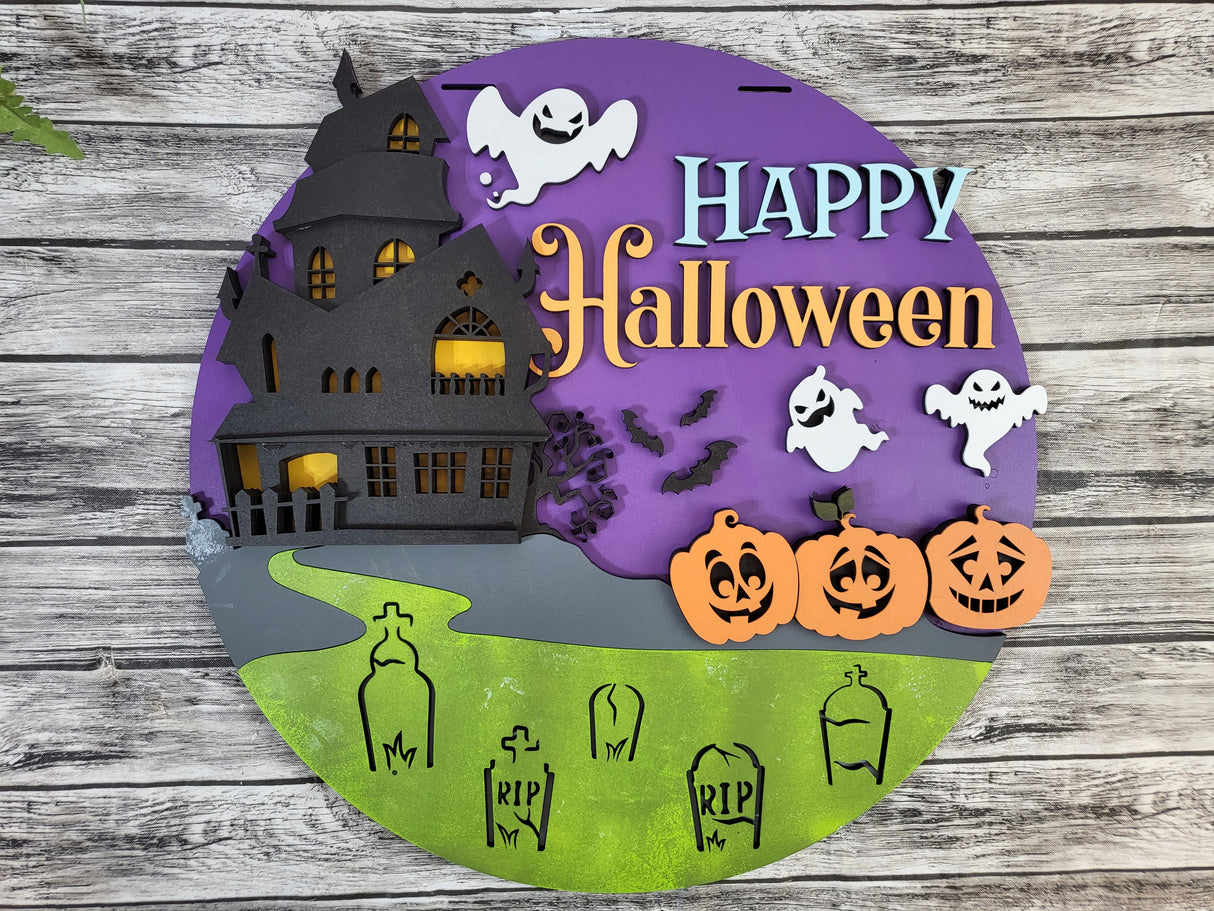 Happy Halloween Haunted Mansion Door Hanger - Finished