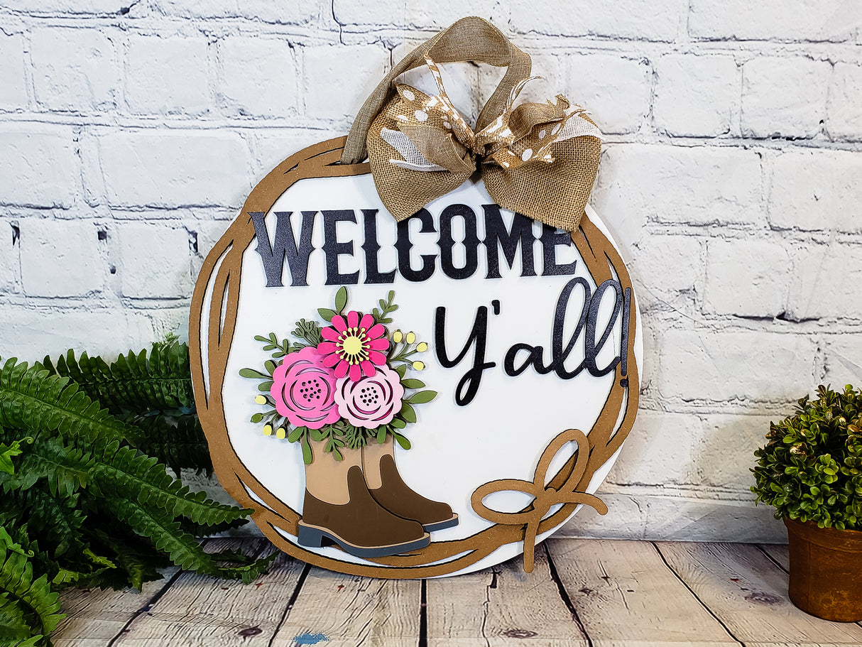 Welcome Y'all Cowboy Boots with Flowers Door Hanger - Lvl 2