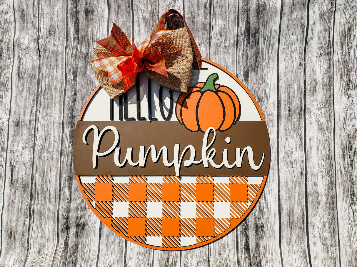 HELLO Pumpkin with Buffalo Plaid Overlay Door Hanger Unfinished Kit
