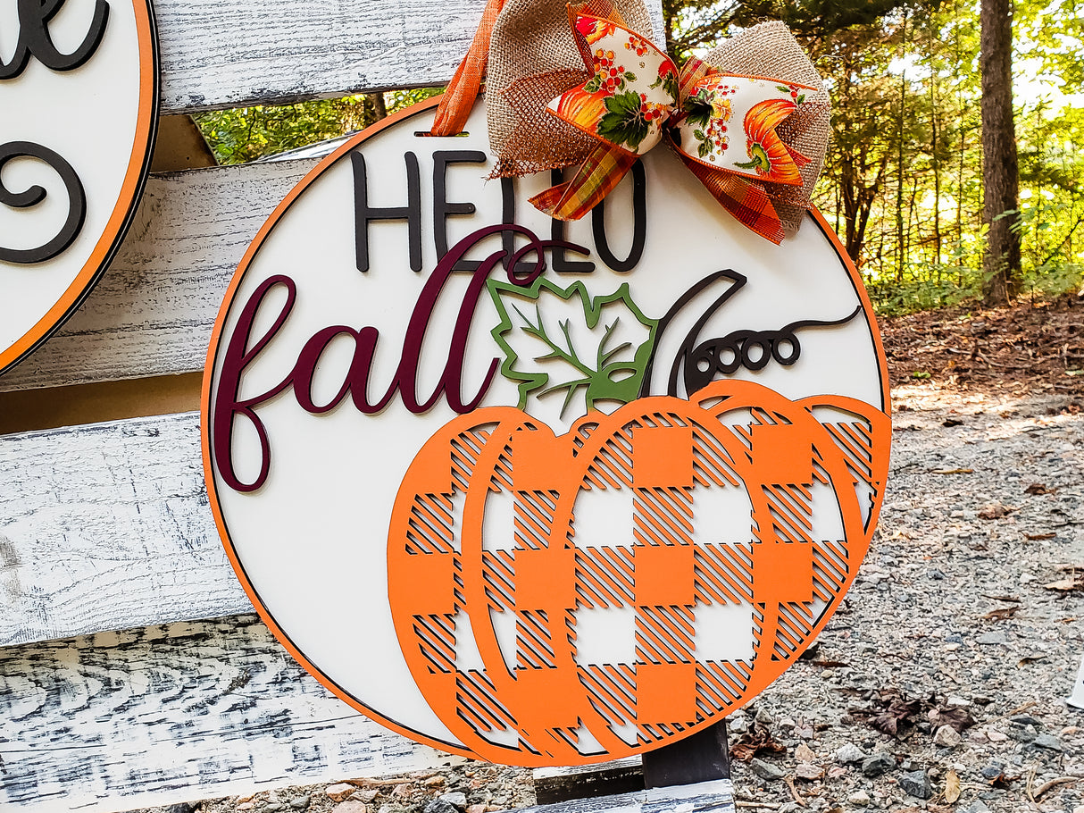 Hello Fall Buffalo Plaid Pumpkin Door Hanger - LEVEL 1
