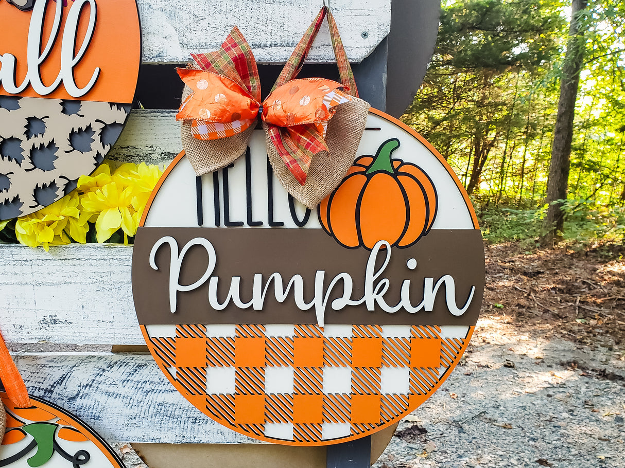 HELLO Pumpkin with Buffalo Plaid Overlay Door Hanger Unfinished Kit
