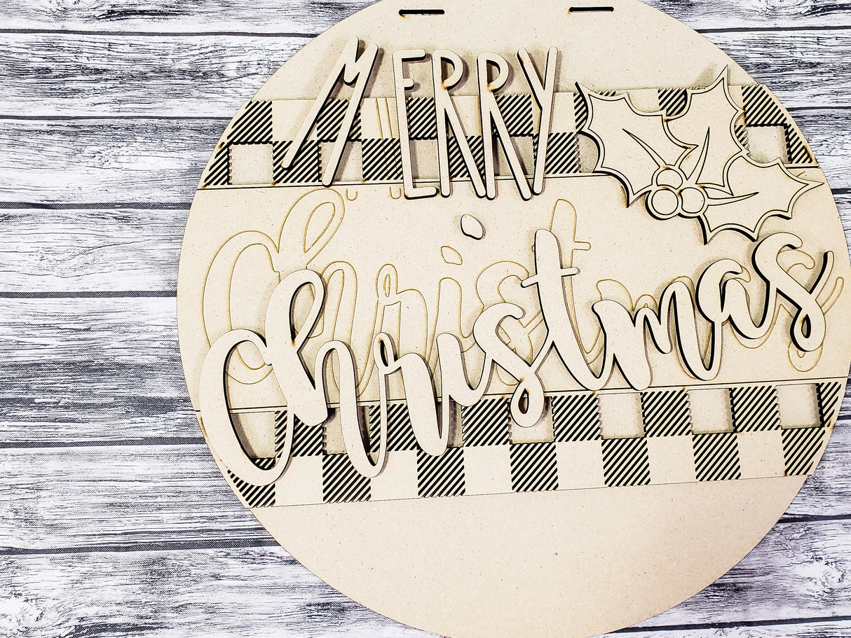 MERRY Christmas Holly Buffalo Plaid Door Hanger Unfinished Kit
