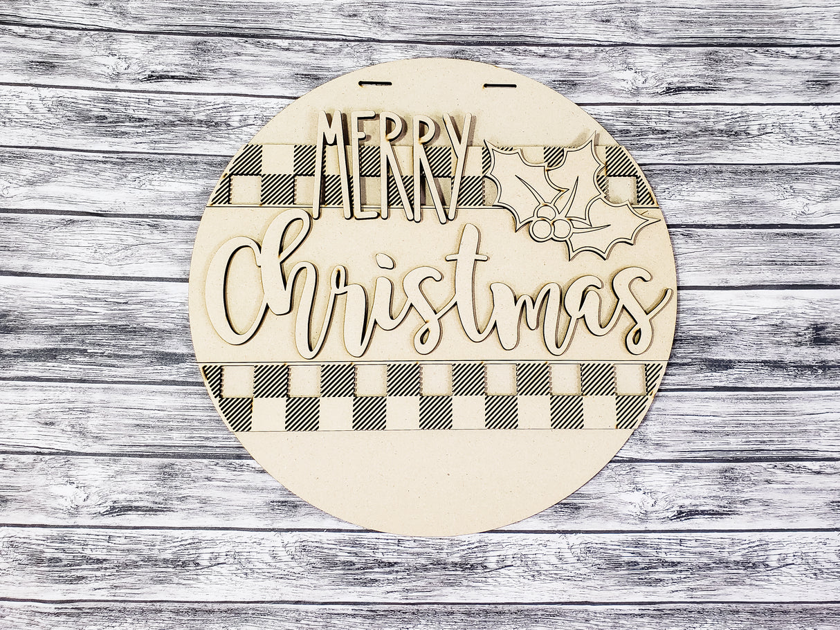 MERRY Christmas Holly Buffalo Plaid Door Hanger Unfinished Kit