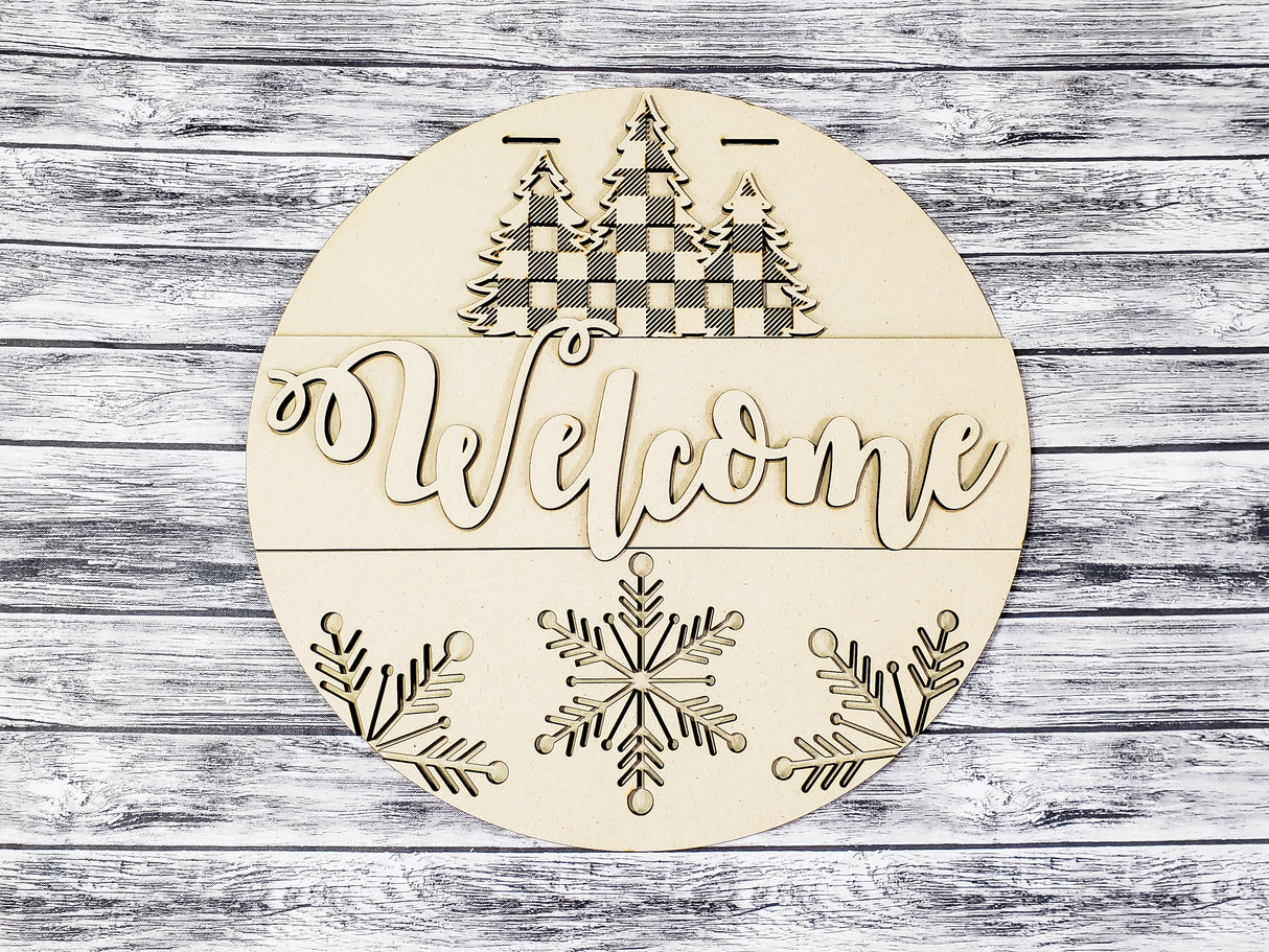Welcome Buffalo Plaid Pine Tree and Snowflakes Door Hanger - LEVEL 1
