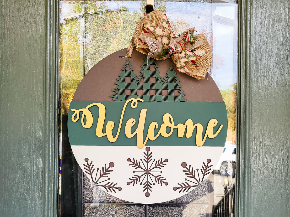 Welcome Buffalo Plaid Pine Tree and Snowflakes Door Hanger - LEVEL 1
