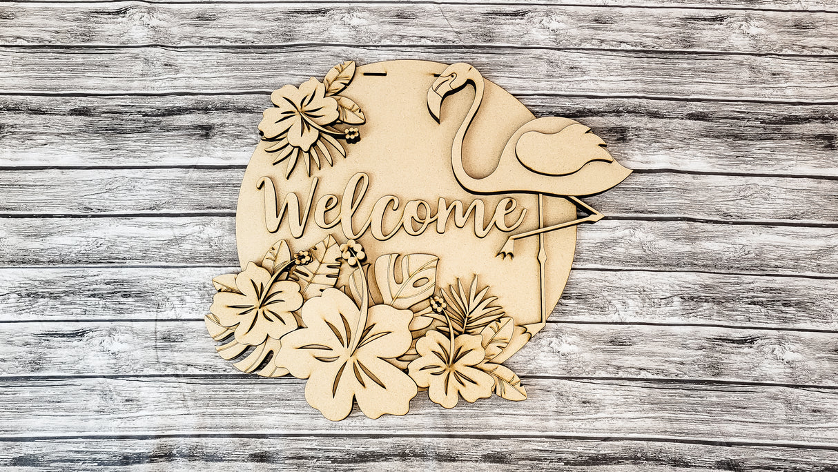 Welcome Tropical Palms and Flamingo Door Hanger - Lvl 2