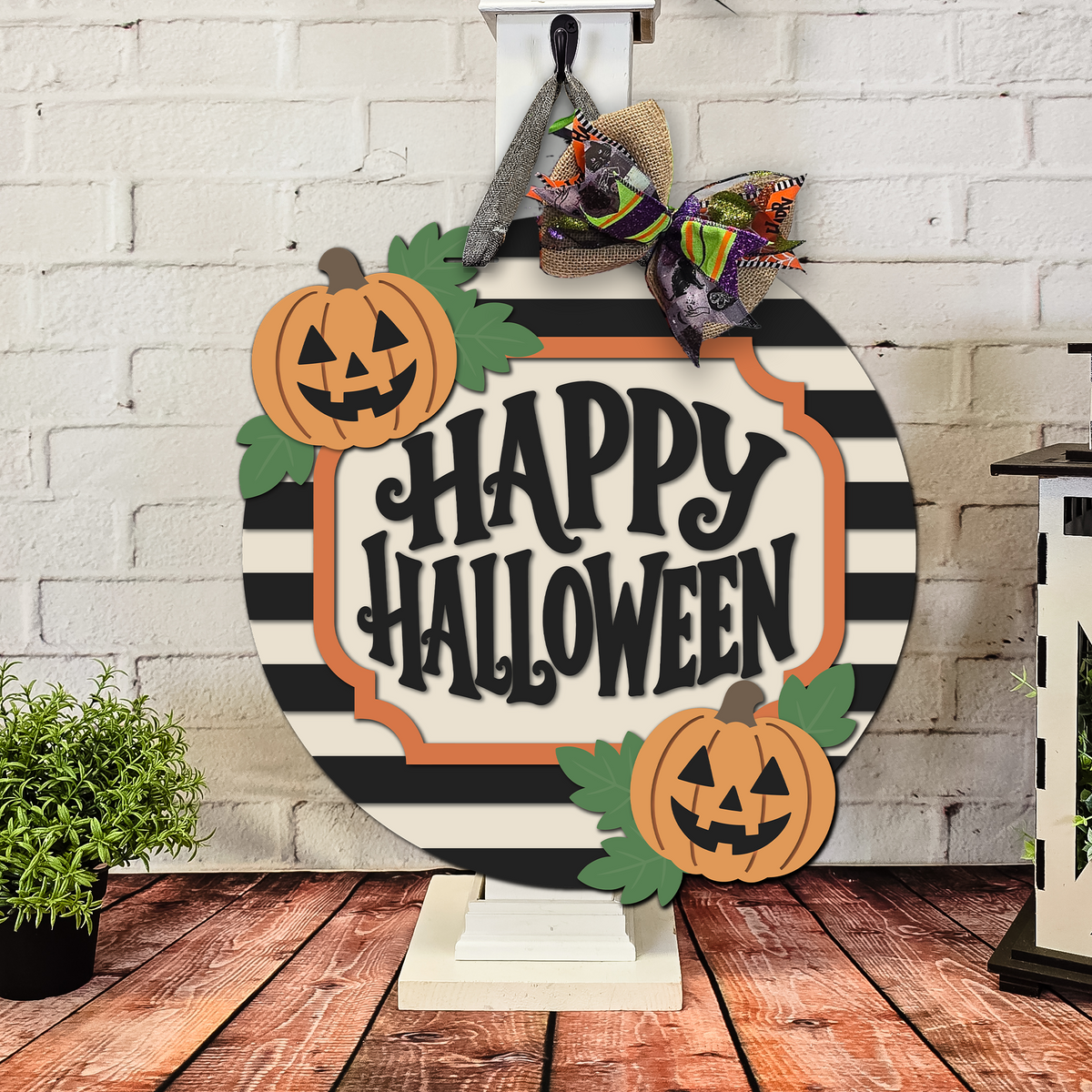 Happy Halloween with Pumpkin Stripes Door Hanger - Finished