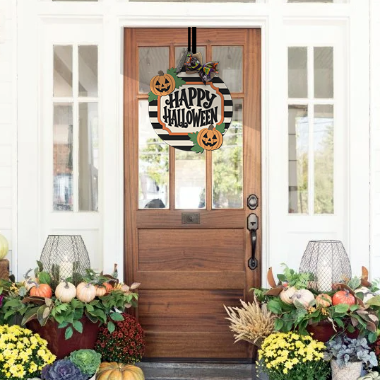 Happy Halloween with Pumpkin Stripes Door Hanger - Finished