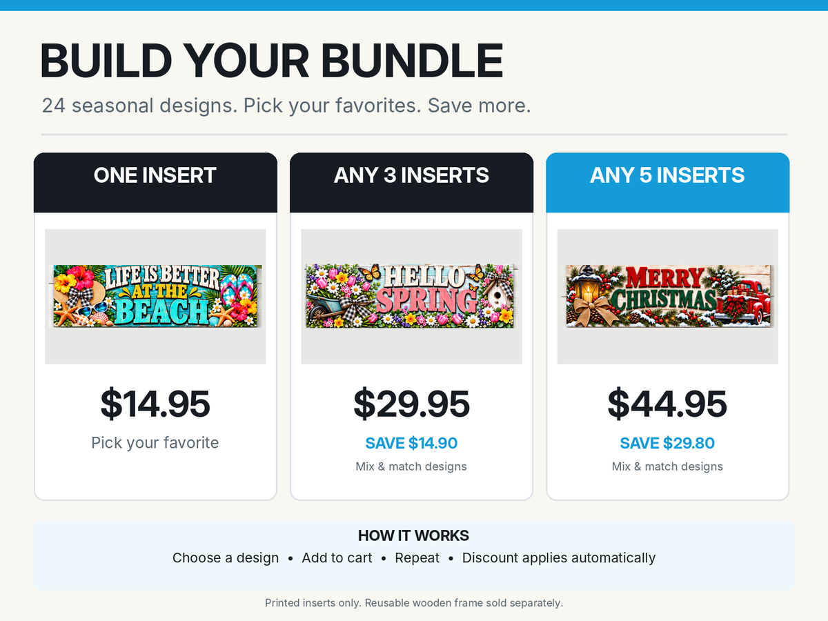 Build Your Bundle - 1 insert $14.95, any 3 $29.95, any 5 $44.95