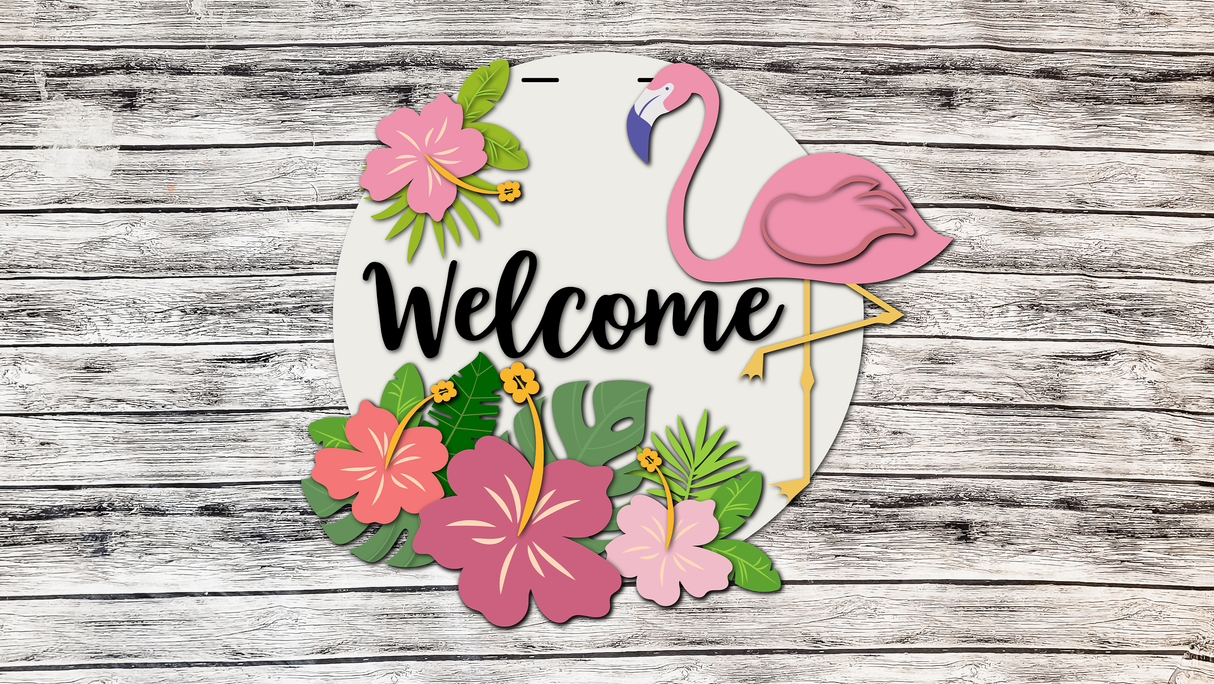Welcome Tropical Palms and Flamingo Door Hanger - Lvl 2