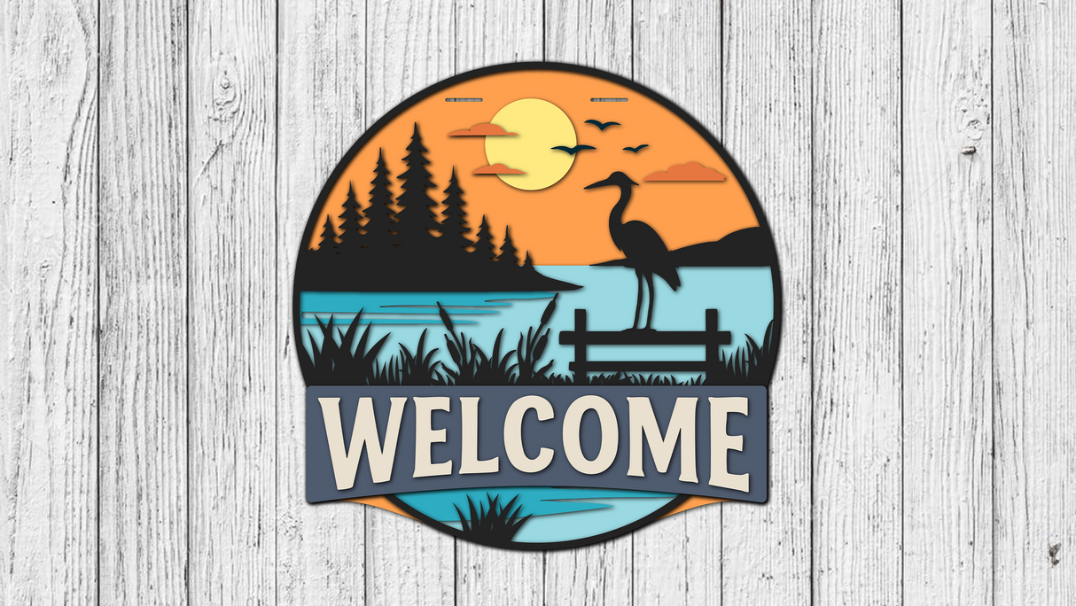 Welcome Lake with Crane Door Hanger SVG
