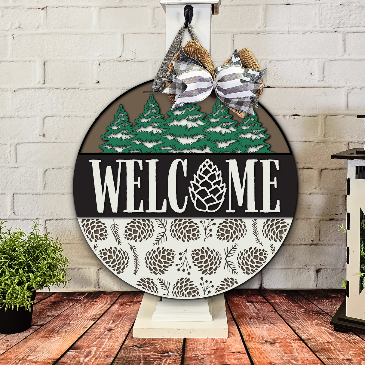 Welcome Snow Pine Trees and Pinecones Door Hanger - DIY Unfinished Kit - Lvl 2