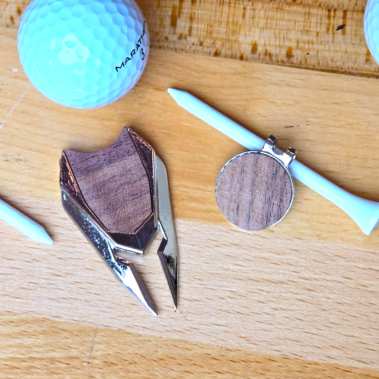 Laserable Wood Ball Marker Divot Tool & Hat Clip Set