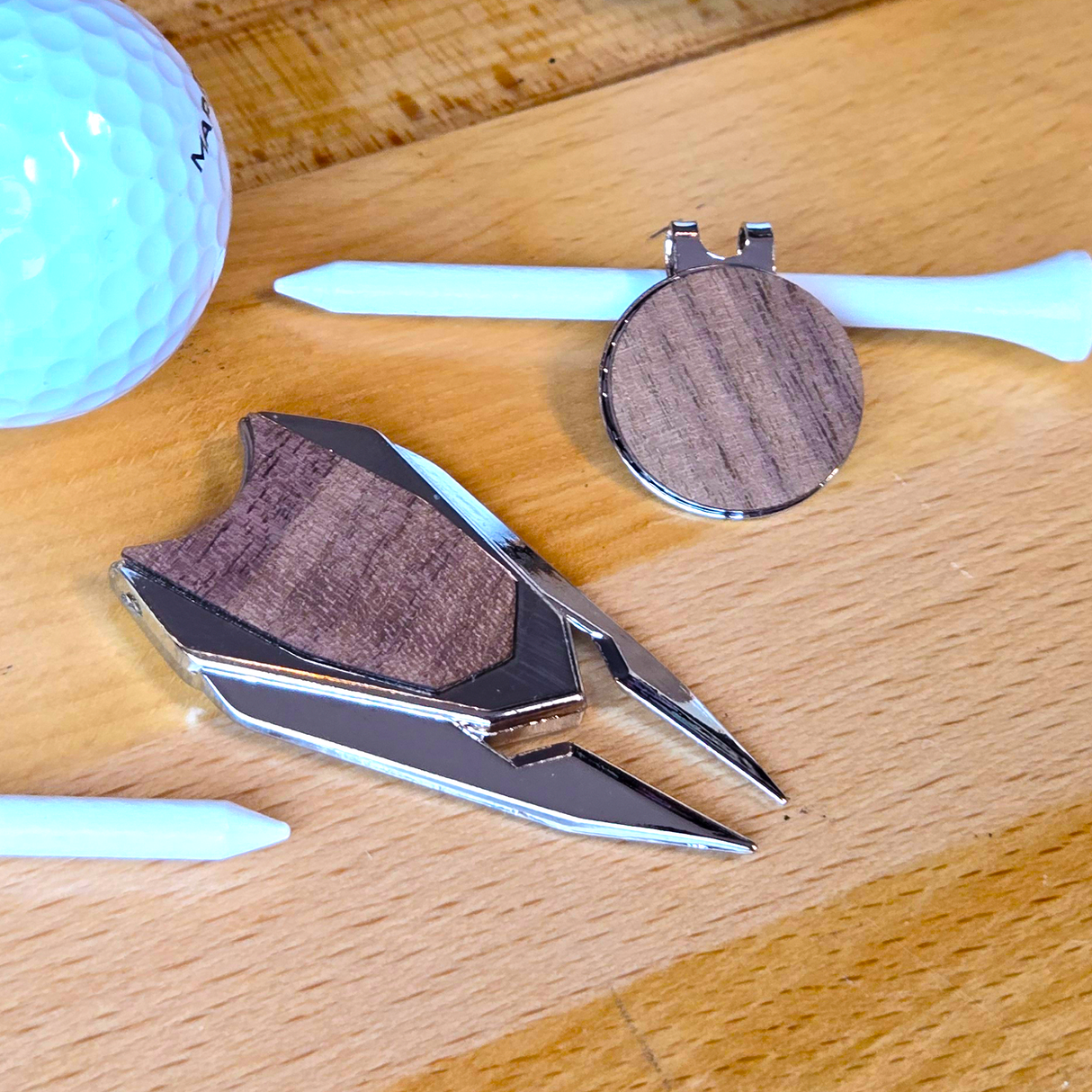 Laserable Wood Ball Marker Divot Tool & Hat Clip Set
