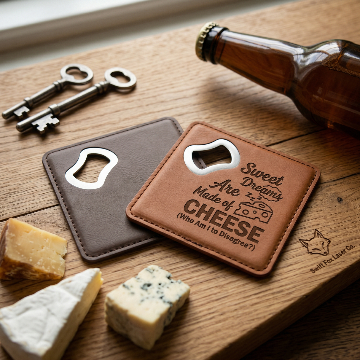 4" Square Laser Engravable Leatherette Wrapped Stainless Steel Coaster Bottle Opener