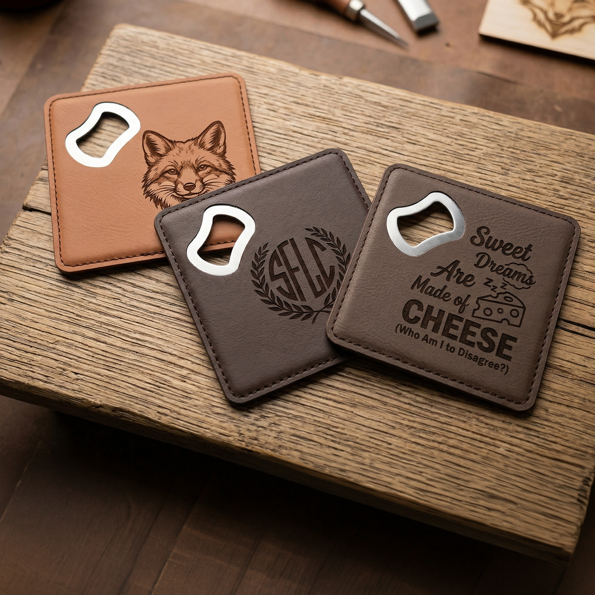4" Square Laser Engravable Leatherette Wrapped Stainless Steel Coaster Bottle Opener
