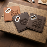 4" Square Laser Engravable Leatherette Wrapped Stainless Steel Coaster Bottle Opener