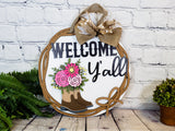 Welcome Y'all Cowboy Boots with Flowers Door Hanger - Lvl 2
