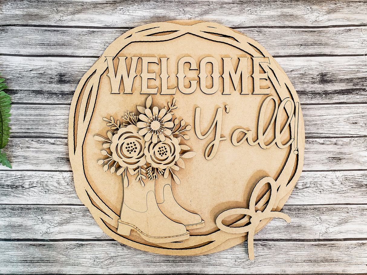 Welcome Y'all Cowboy Boots with Flowers Door Hanger - Lvl 2