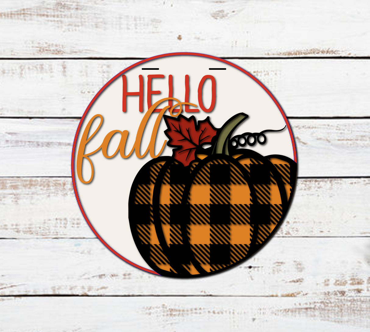 HELLO fall with Buffalo Plaid Pumpkin Door Hanger SVG
