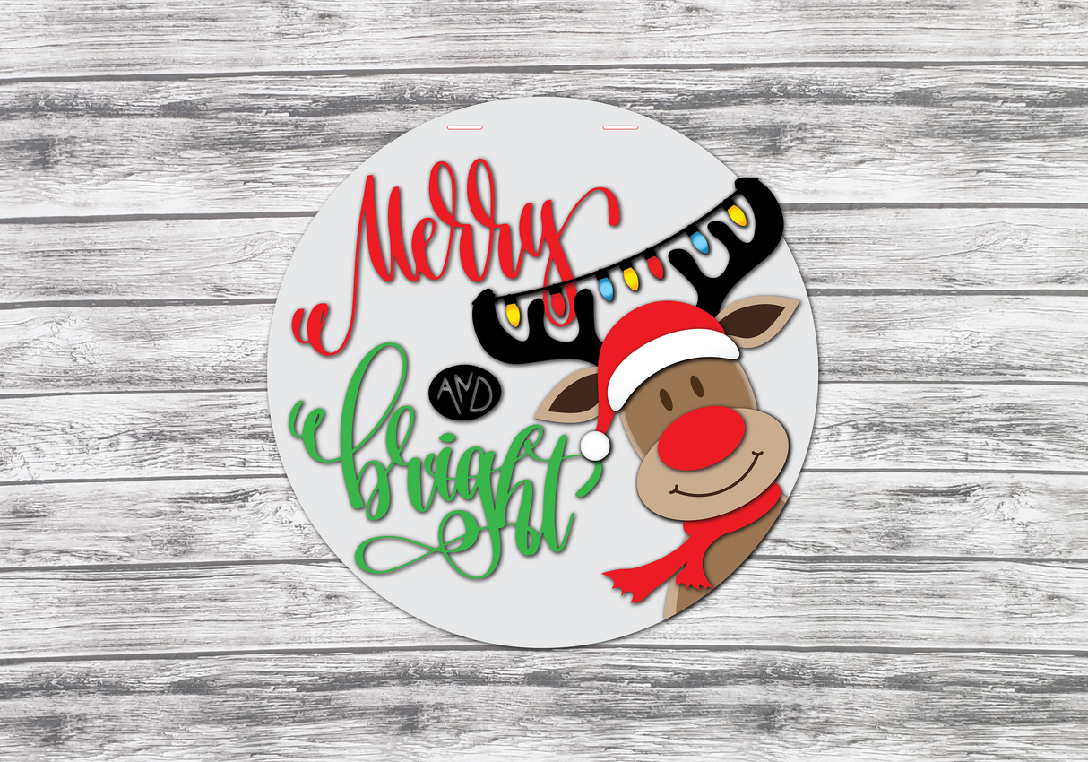 Merry and Bright Reindeer Christmas Door Hanger SVG