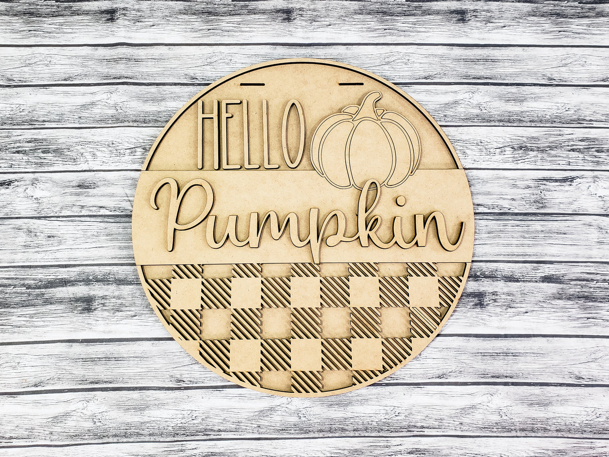 HELLO Pumpkin with Buffalo Plaid Overlay Door Hanger Unfinished Kit