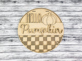 HELLO Pumpkin with Buffalo Plaid Overlay Door Hanger Unfinished Kit