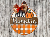 HELLO Pumpkin with Buffalo Plaid Overlay Door Hanger Unfinished Kit