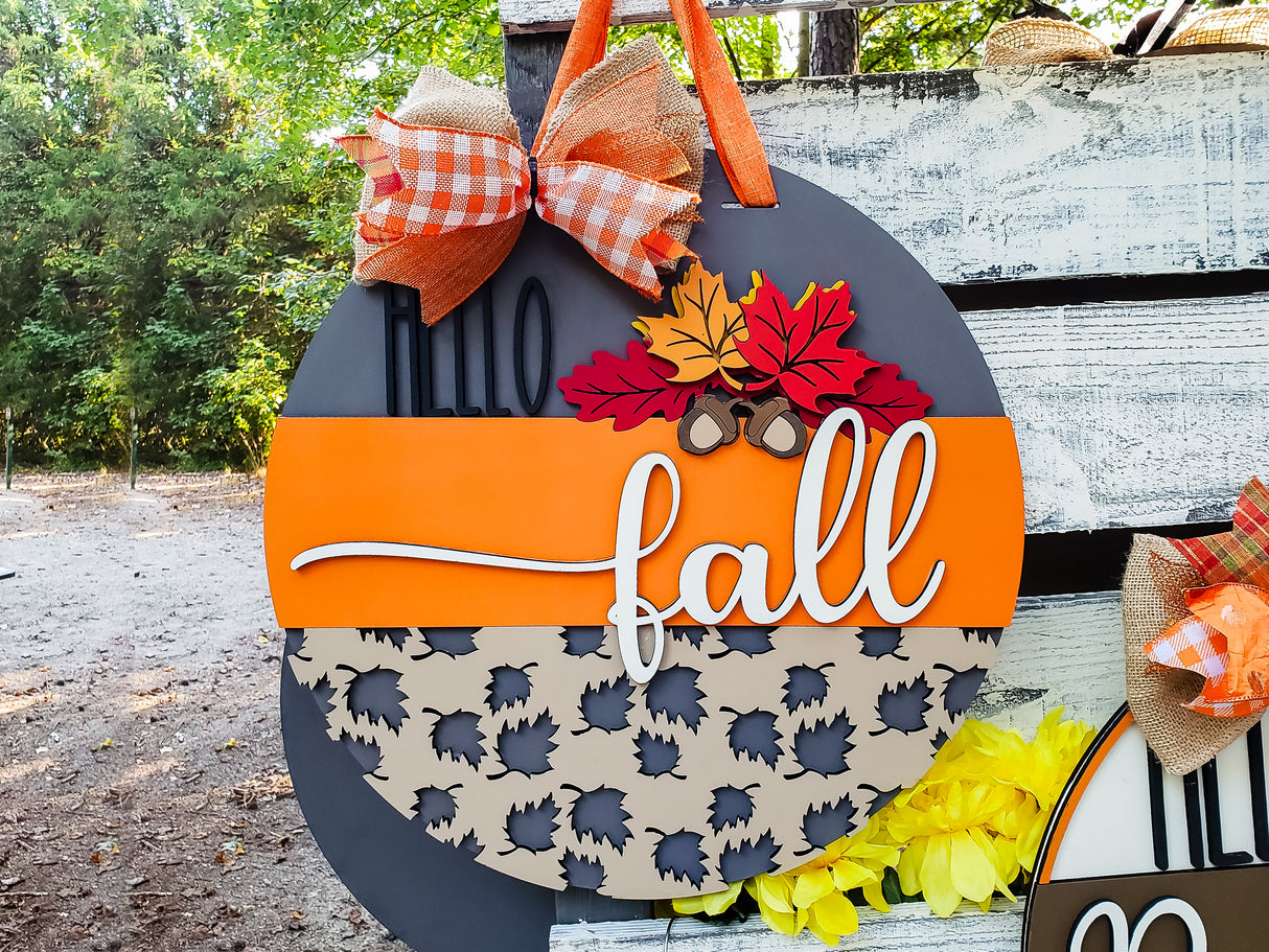 3D HELLO fall with Leaves Acorns and Leaf Overlay Door Hanger SVG