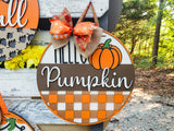 HELLO Pumpkin with Buffalo Plaid Overlay Door Hanger Unfinished Kit