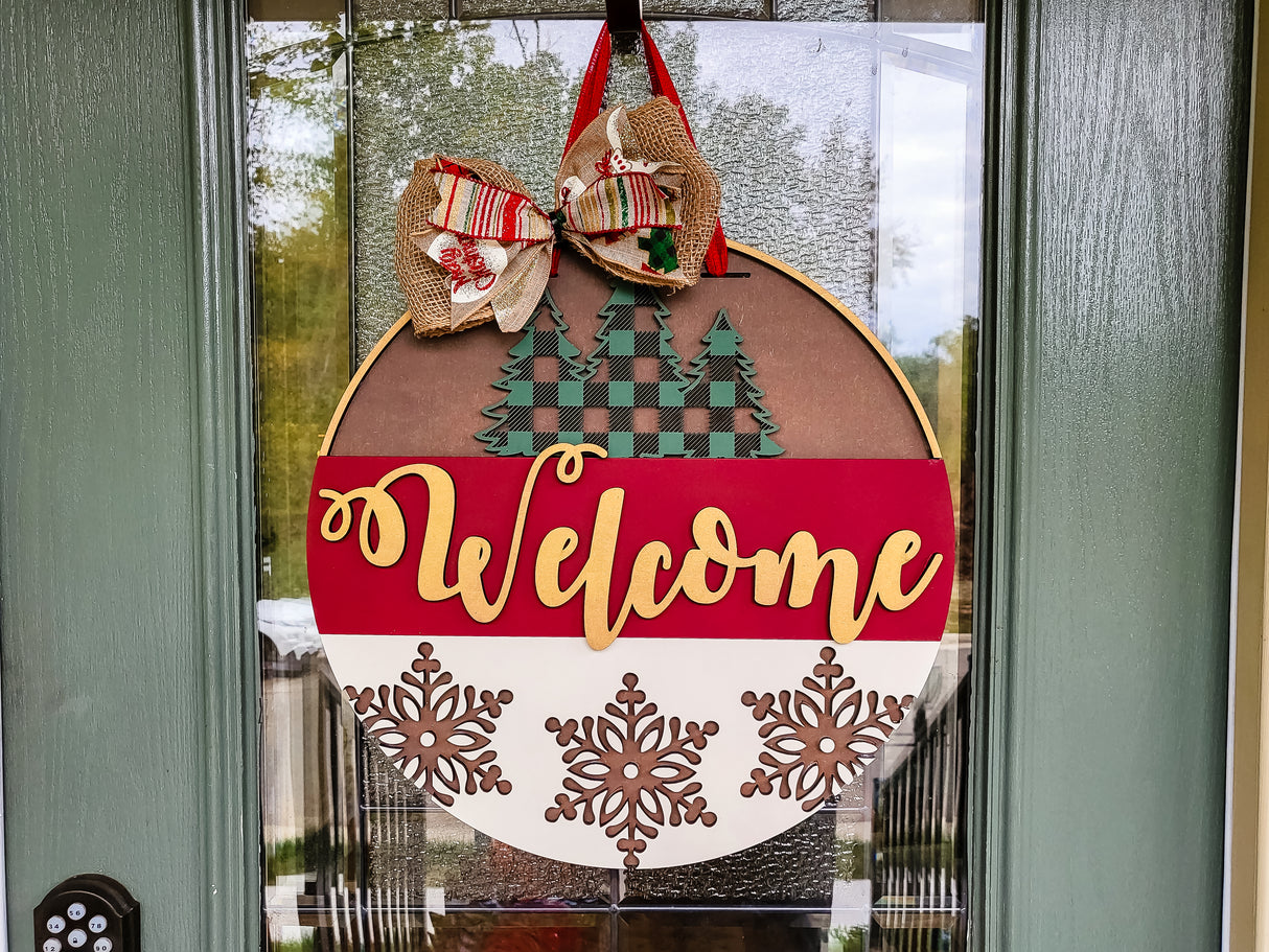 Welcome Buffalo Plaid Pine Tree and Snowflakes Door Hanger SVG