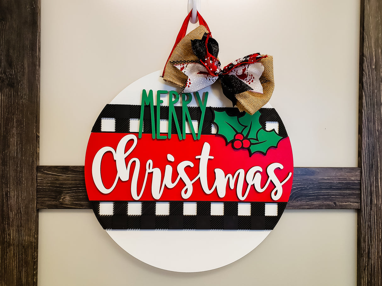 MERRY Christmas Holly Buffalo Plaid Door Hanger - LEVEL 1