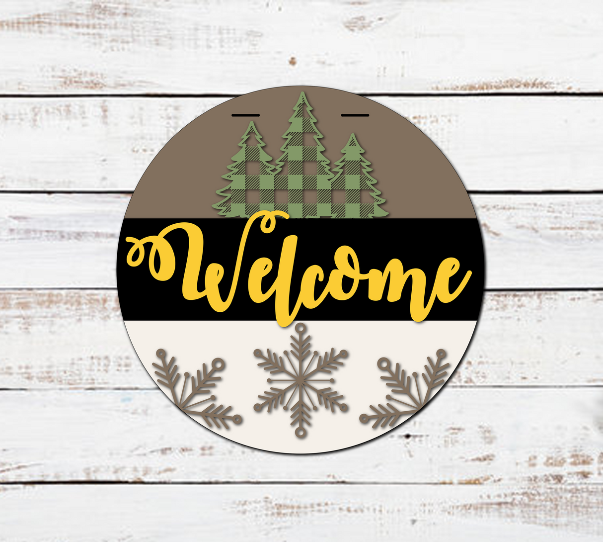 Welcome Buffalo Plaid Pine Tree and Snowflakes Door Hanger SVG