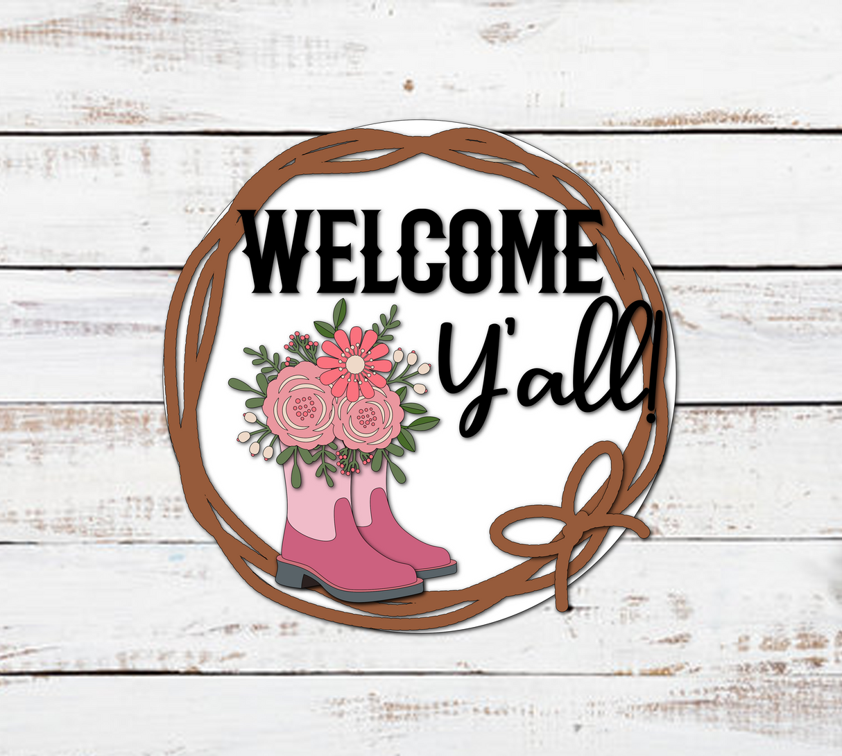 Welcome Y'all Cowboy Boots with Flowers Door Hanger - Lvl 2