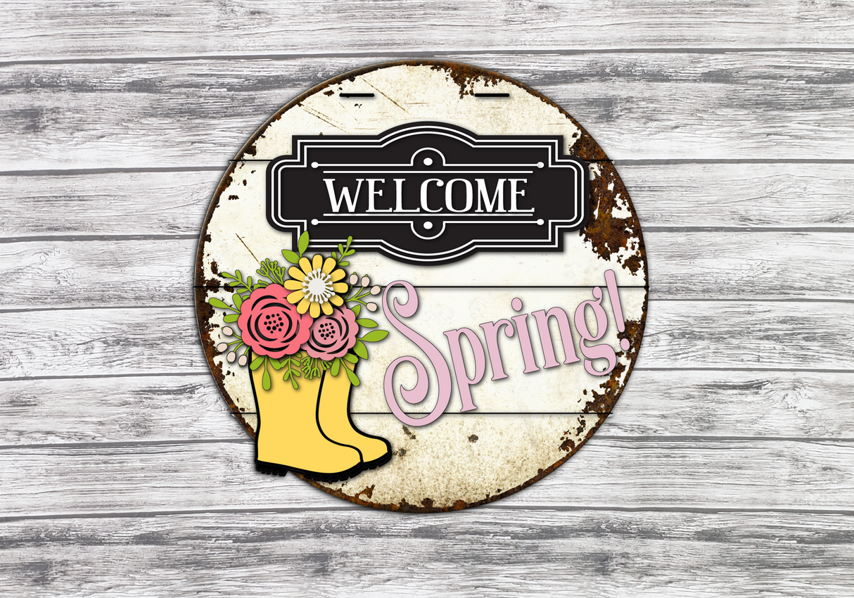 Welcome Spring Rain Boots Door Hanger SVG